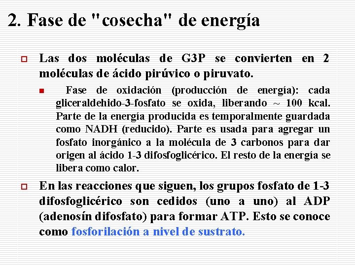 2. Fase de "cosecha" de energía o Las dos moléculas de G 3 P