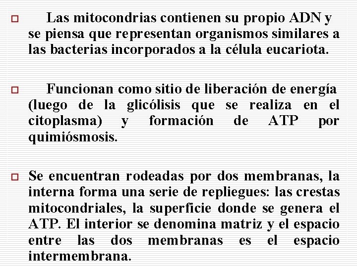 o Las mitocondrias contienen su propio ADN y se piensa que representan organismos similares