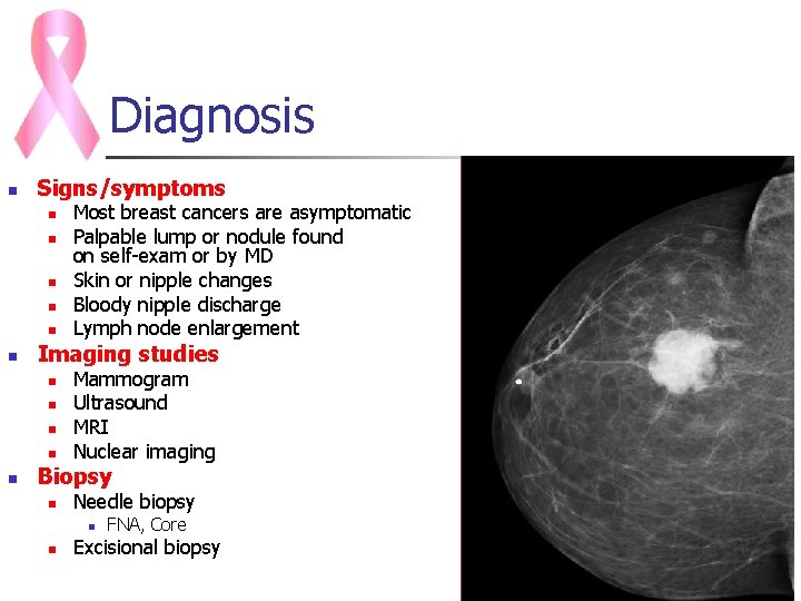 Diagnosis n Signs/symptoms n n n Imaging studies n n n Most breast cancers