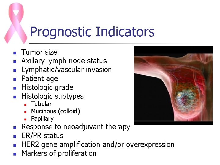Prognostic Indicators n n n Tumor size Axillary lymph node status Lymphatic/vascular invasion Patient