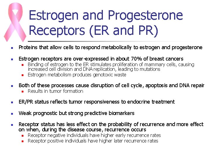 Estrogen and Progesterone Receptors (ER and PR) n Proteins that allow cells to respond