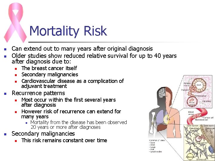 Mortality Risk n n Can extend out to many years after original diagnosis Older