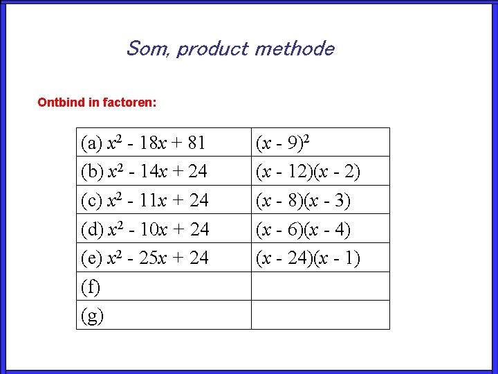 Som, product methode Ontbind in factoren: (a) x 2 - 18 x + 81