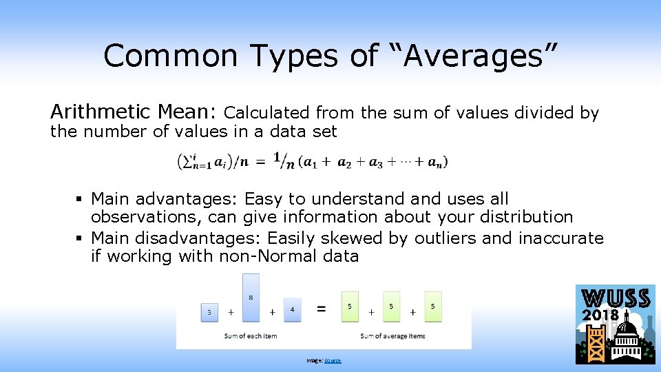 Common Types of “Averages” Arithmetic Mean: Calculated from the sum of values divided by