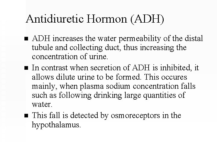 Antidiuretic Hormon (ADH) n n n ADH increases the water permeability of the distal