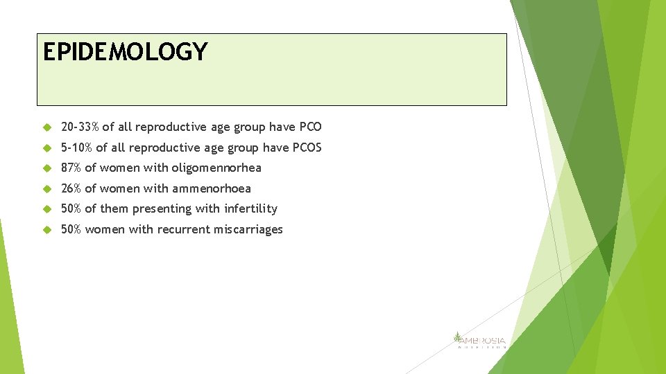 EPIDEMOLOGY 20 -33% of all reproductive age group have PCO 5 -10% of all