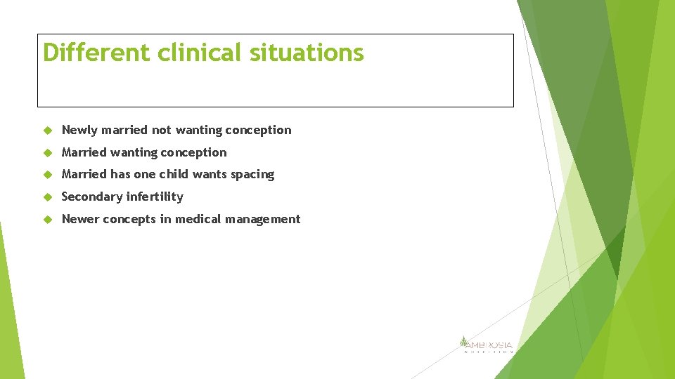 Different clinical situations Newly married not wanting conception Married has one child wants spacing