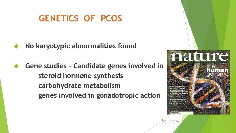 GENETICS OF PCOS No karyotypic abnormalities found Gene studies – Candidate genes involved in