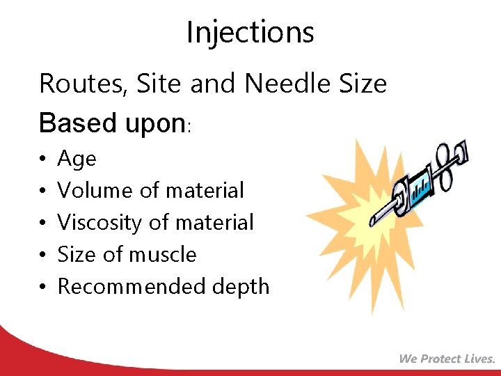 Injections Routes, Site and Needle Size Based upon: • • • Age Volume of