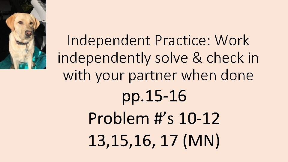 Independent Practice: Work independently solve & check in with your partner when done pp.