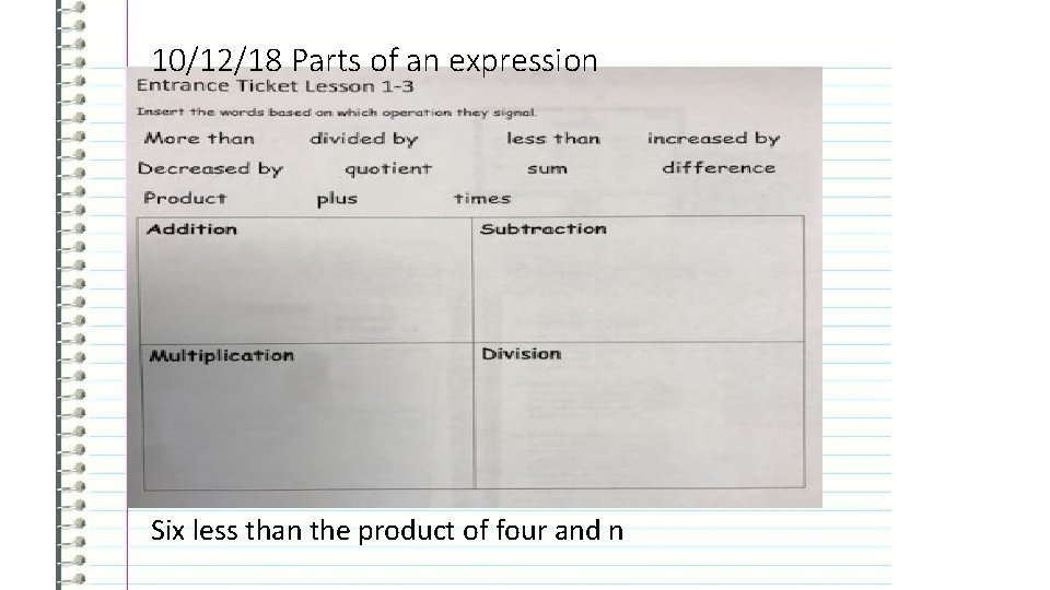 10/12/18 Parts of an expression Six less than the product of four and n