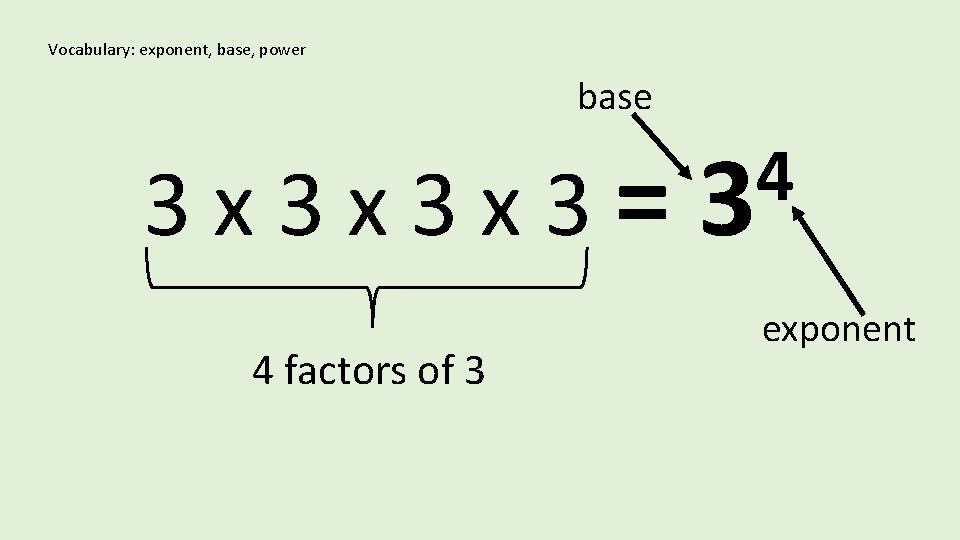 Vocabulary: exponent, base, power base 3 x 3 x 3 = 4 factors of