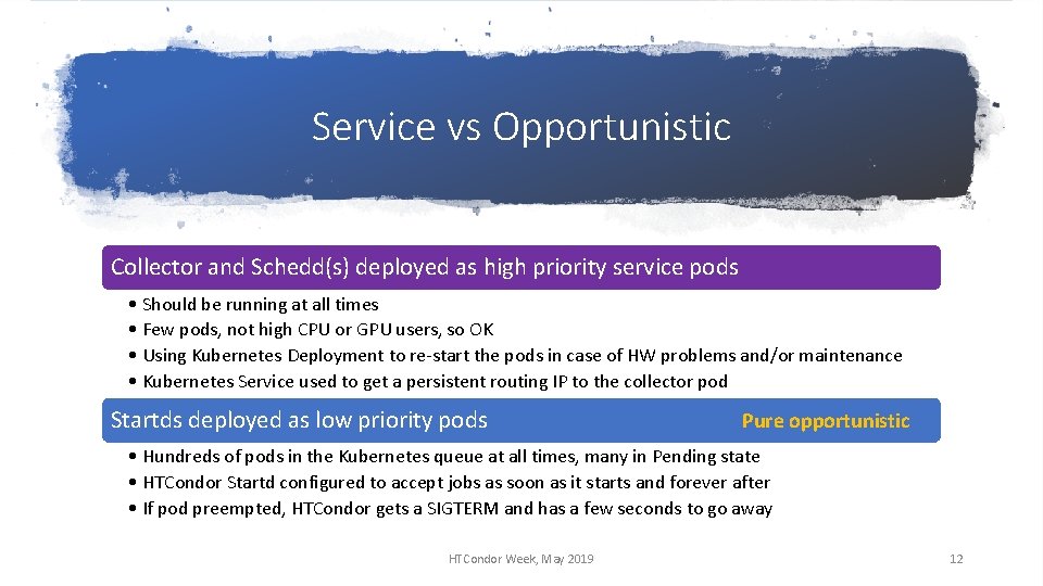 Service vs Opportunistic Collector and Schedd(s) deployed as high priority service pods • Should