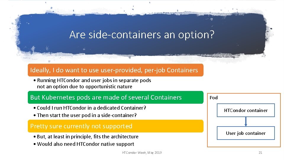 Are side-containers an option? Ideally, I do want to user-provided, per-job Containers • Running