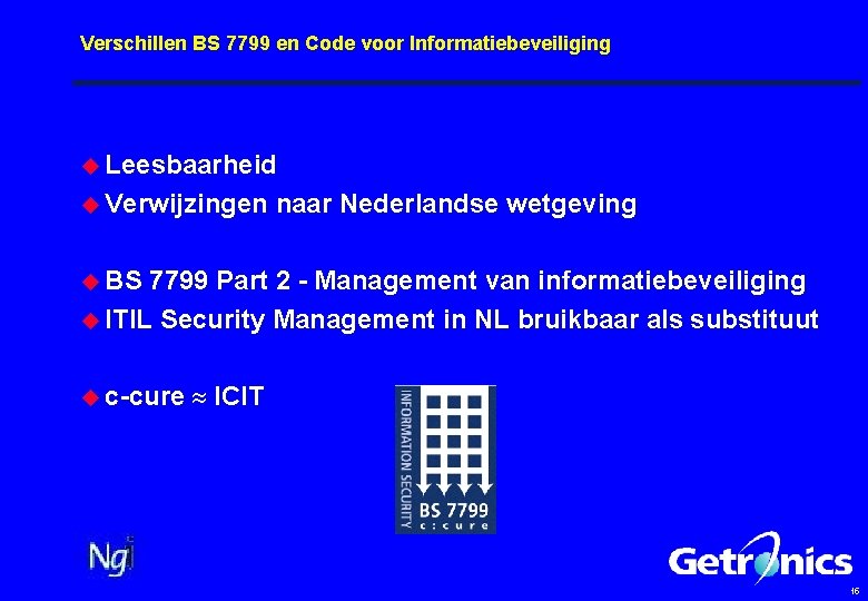 Verschillen BS 7799 en Code voor Informatiebeveiliging u Leesbaarheid u Verwijzingen naar Nederlandse wetgeving