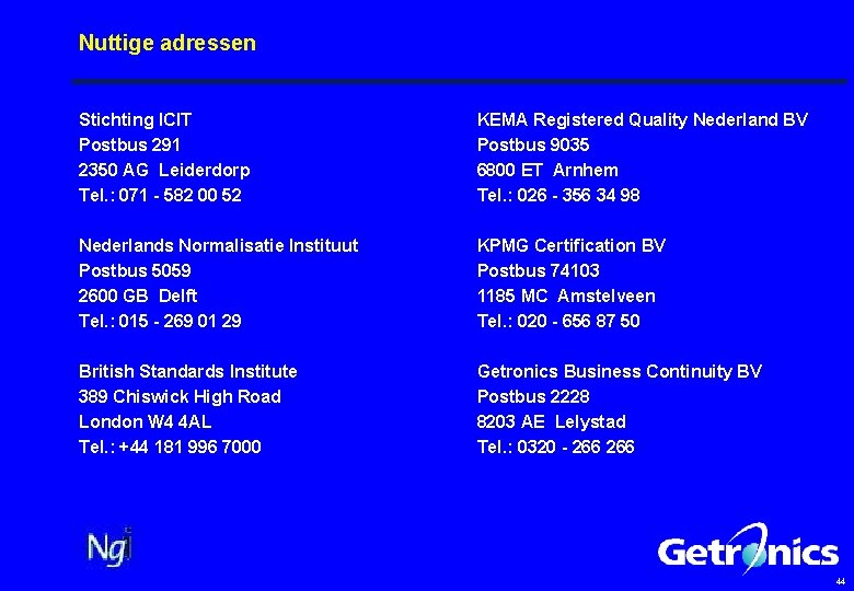 Nuttige adressen Stichting ICIT Postbus 291 2350 AG Leiderdorp Tel. : 071 - 582