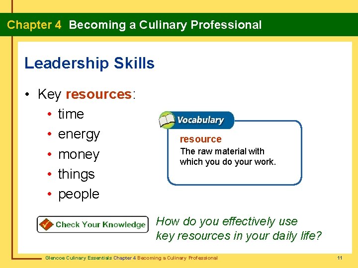 Chapter 4 Becoming a Culinary Professional Leadership Skills • Key resources: • time •