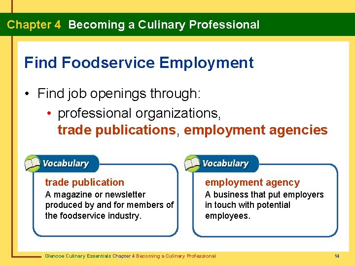 Chapter 4 Becoming a Culinary Professional Find Foodservice Employment • Find job openings through: