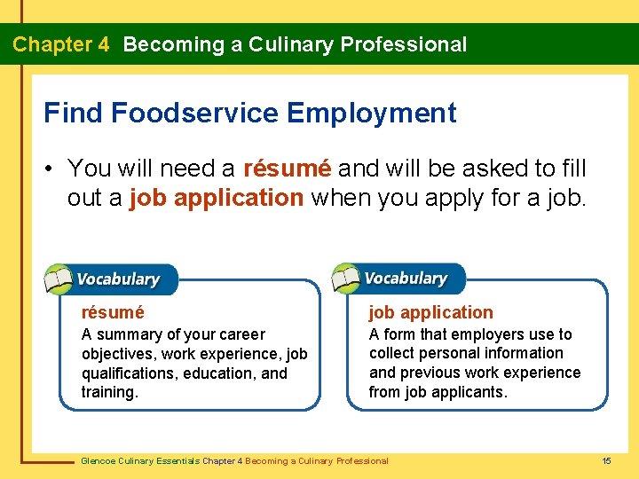 Chapter 4 Becoming a Culinary Professional Find Foodservice Employment • You will need a