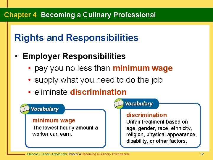 Chapter 4 Becoming a Culinary Professional Rights and Responsibilities • Employer Responsibilities • pay