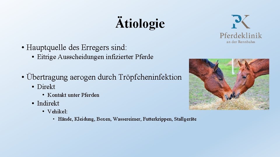 Ätiologie • Hauptquelle des Erregers sind: • Eitrige Ausscheidungen infizierter Pferde • Übertragung aerogen