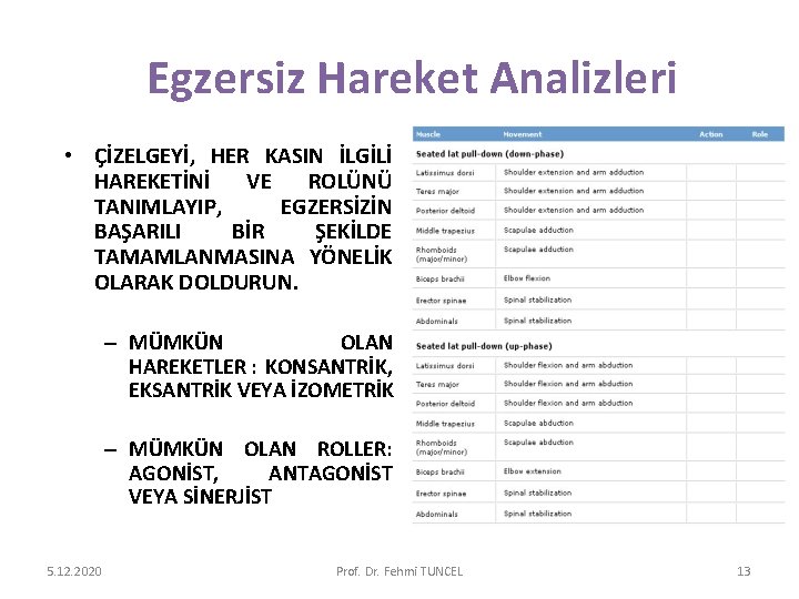 Egzersiz Hareket Analizleri • ÇİZELGEYİ, HER KASIN İLGİLİ HAREKETİNİ VE ROLÜNÜ TANIMLAYIP, EGZERSİZİN BAŞARILI