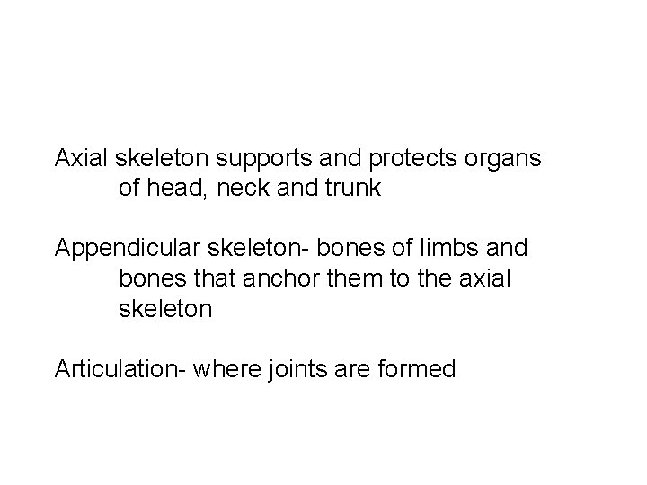 Axial skeleton supports and protects organs of head, neck and trunk Appendicular skeleton- bones