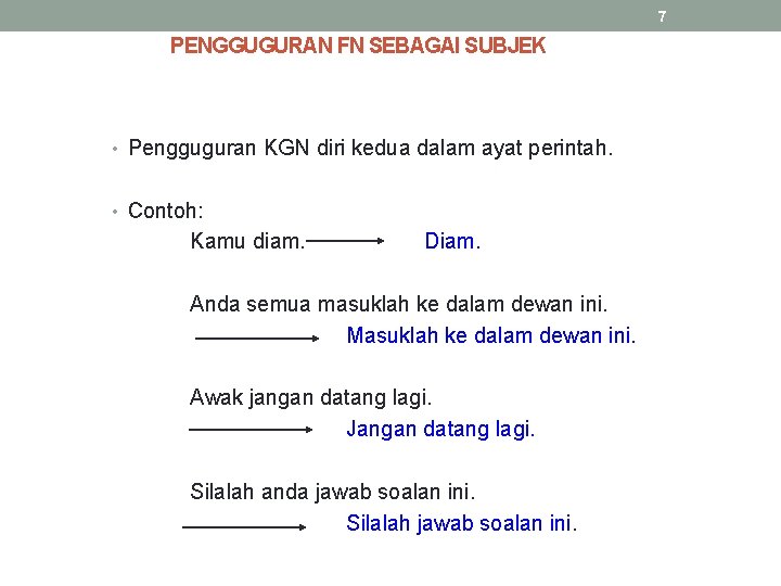 7 PENGGUGURAN FN SEBAGAI SUBJEK • Pengguguran KGN diri kedua dalam ayat perintah. •