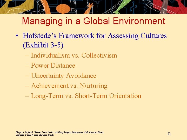 Managing in a Global Environment • Hofstede’s Framework for Assessing Cultures (Exhibit 3 -5)