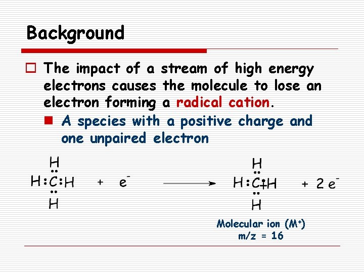 Background o The impact of a stream of high energy electrons causes the molecule