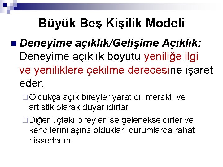 Büyük Beş Kişilik Modeli n Deneyime açıklık/Gelişime Açıklık: Deneyime açıklık boyutu yeniliğe ilgi ve