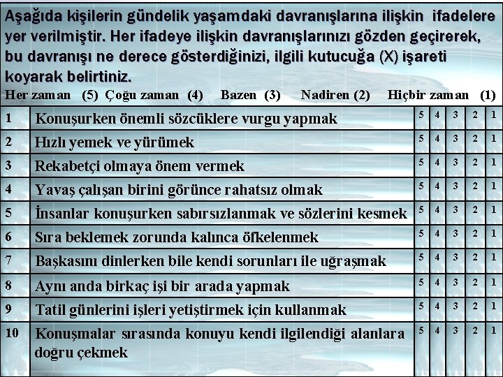 Aşağıda kişilerin gündelik yaşamdaki davranışlarına ilişkin ifadelere yer verilmiştir. Her ifadeye ilişkin davranışlarınızı gözden