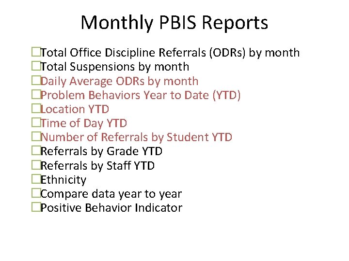 Monthly PBIS Reports �Total Office Discipline Referrals (ODRs) by month �Total Suspensions by month