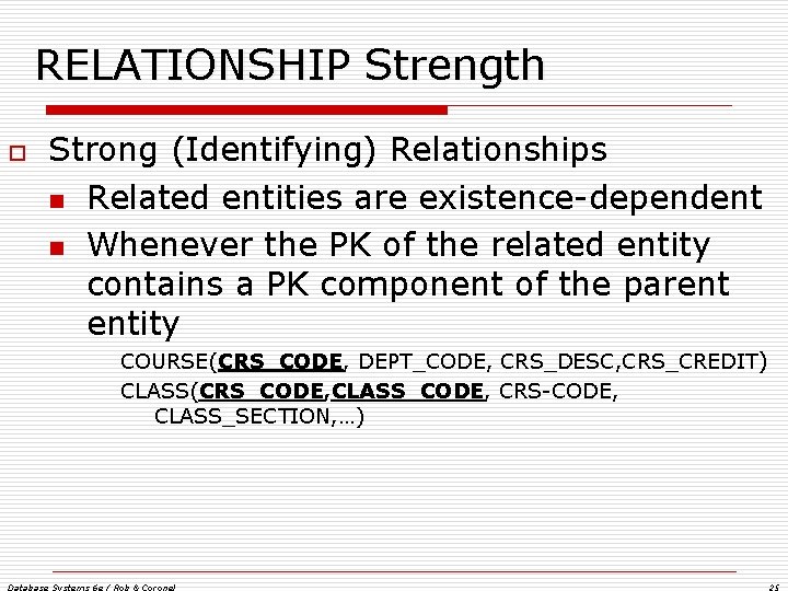 RELATIONSHIP Strength o Strong (Identifying) Relationships n Related entities are existence-dependent n Whenever the RELATIONSHIP Strength o Strong (Identifying) Relationships n Related entities are existence-dependent n Whenever the