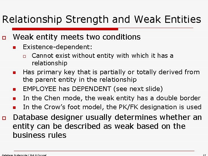 Relationship Strength and Weak Entities o Weak entity meets two conditions n n n Relationship Strength and Weak Entities o Weak entity meets two conditions n n n