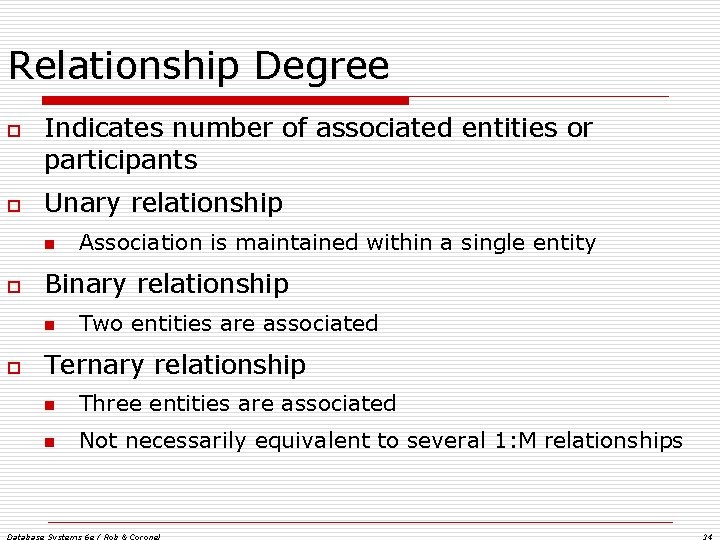 Relationship Degree o o Indicates number of associated entities or participants Unary relationship n Relationship Degree o o Indicates number of associated entities or participants Unary relationship n