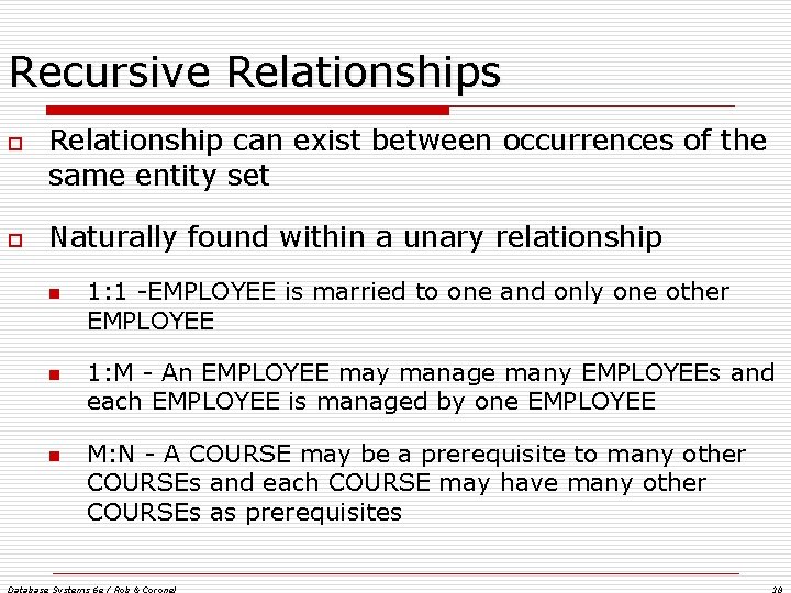 Recursive Relationships o o Relationship can exist between occurrences of the same entity set Recursive Relationships o o Relationship can exist between occurrences of the same entity set