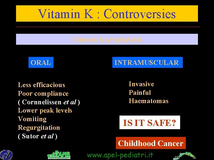 Vitamin K : Controversies Vitamin K prophylaxis ORAL Less efficacious Poor compliance ( Cornnelissen
