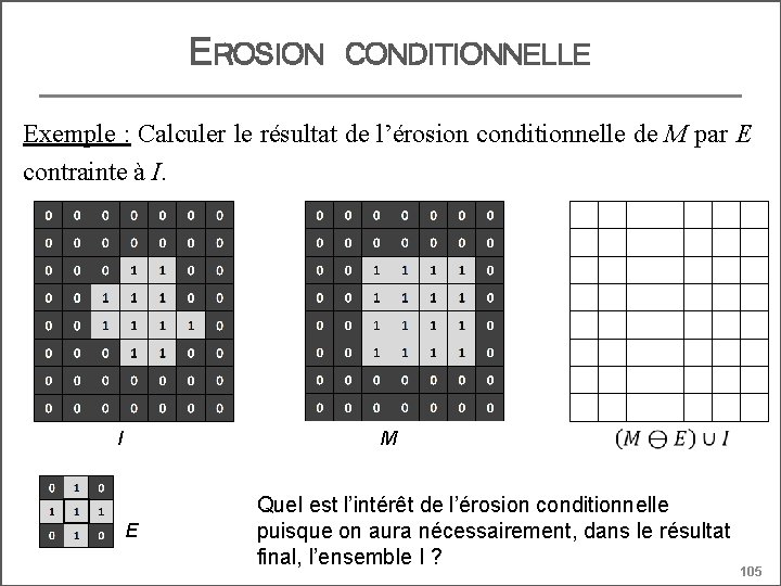 EROSION CONDITIONNELLE Exemple : Calculer le résultat de l’érosion conditionnelle de M par E