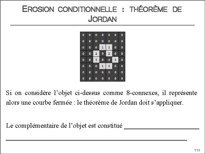 EROSION CONDITIONNELLE JORDAN : THÉORÈME DE Si on considère l’objet ci-dessus comme 8 -connexes,