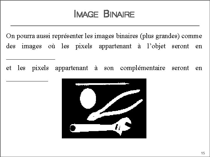 IMAGE BINAIRE On pourra aussi représenter les images binaires (plus grandes) comme des images