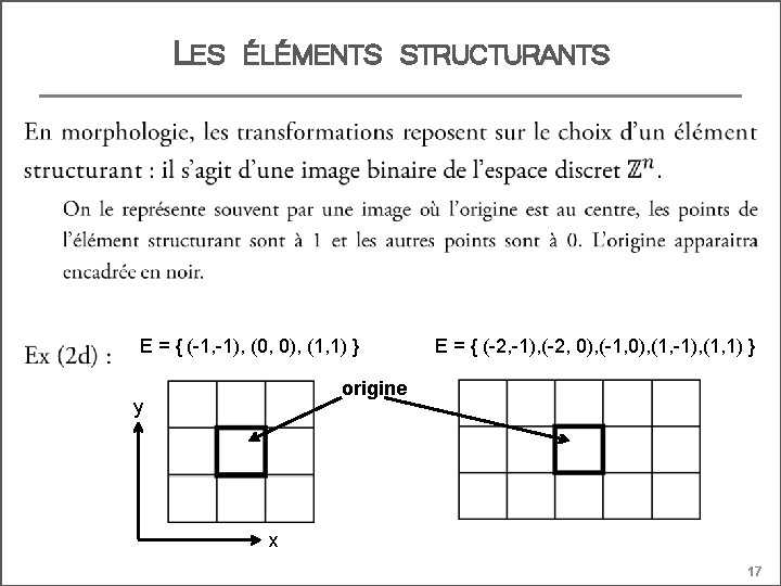 LES ÉLÉMENTS STRUCTURANTS E = { (-1, -1), (0, 0), (1, 1) } E