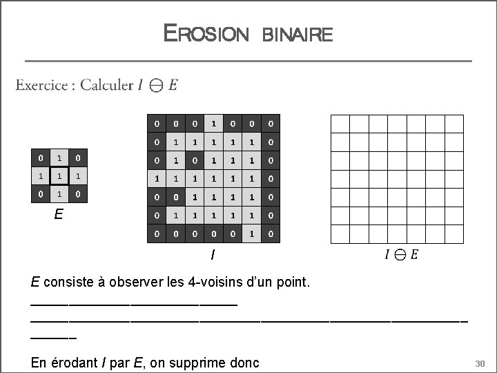 EROSION BINAIRE E I E consiste à observer les 4 -voisins d’un point. __________________________________________