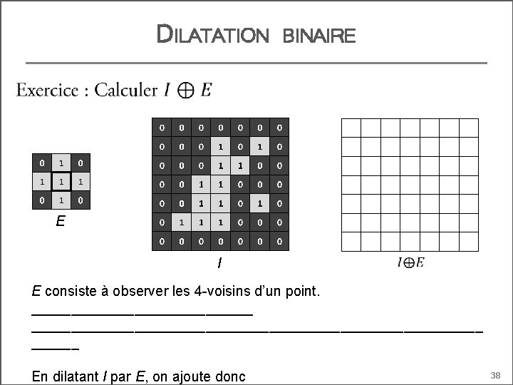 DILATATION BINAIRE E I E consiste à observer les 4 -voisins d’un point. ___________________________________________