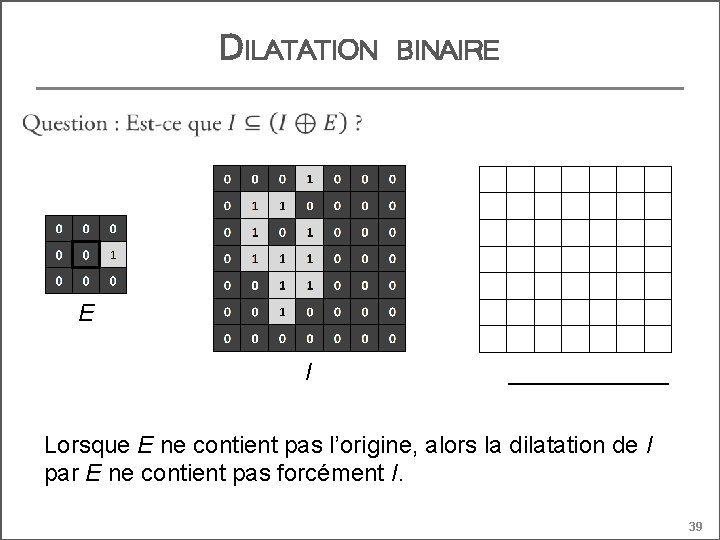 DILATATION BINAIRE E I ______ Lorsque E ne contient pas l’origine, alors la dilatation