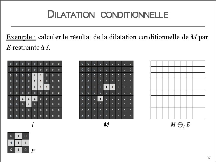 DILATATION CONDITIONNELLE Exemple : calculer le résultat de la dilatation conditionnelle de M par