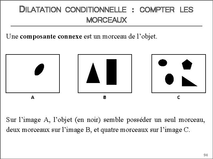 DILATATION CONDITIONNELLE MORCEAUX : COMPTER LES Une composante connexe est un morceau de l’objet.