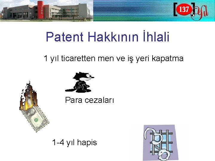 Patent Hakkının İhlali 1 yıl ticaretten men ve iş yeri kapatma Para cezaları 1