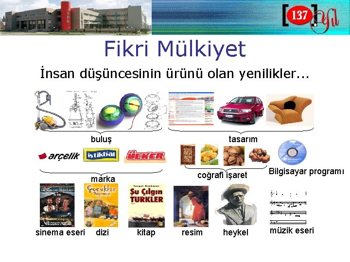 Fikri Mülkiyet İnsan düşüncesinin ürünü olan yenilikler. . . buluş tasarım coğrafi işaret marka