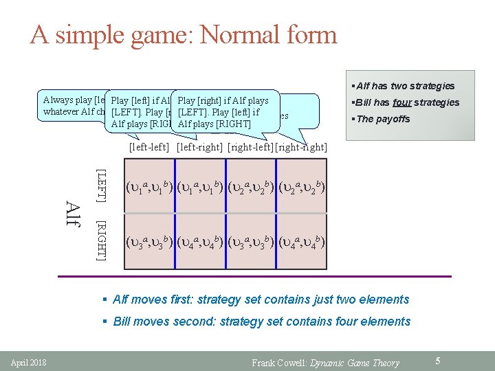 A simple game: Normal form §Alf has two strategies Always play [left]Play [left] if